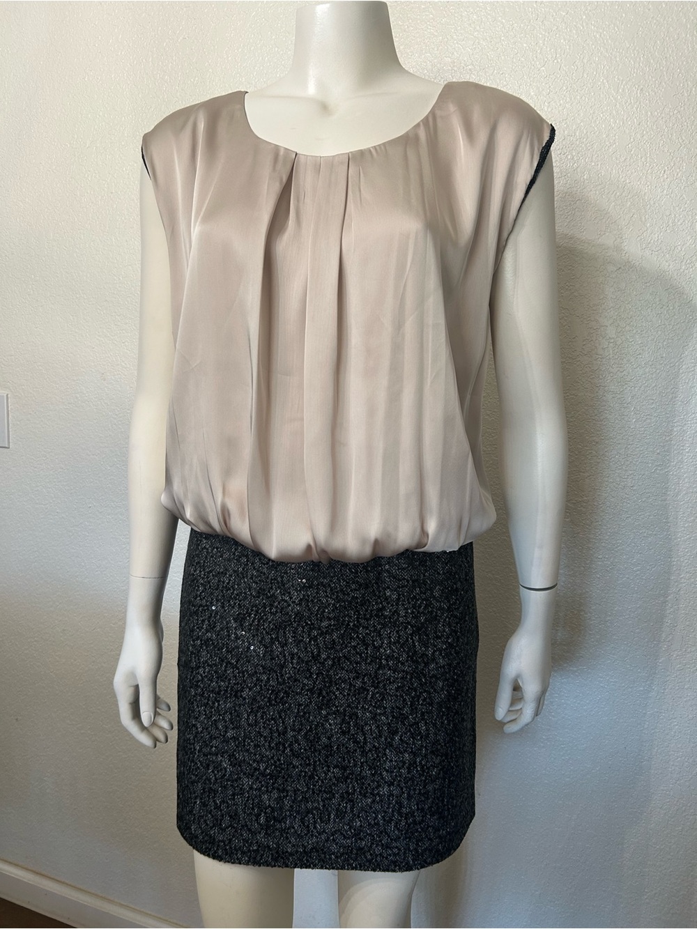 Sleeveless Pleated Mini Dress in Light Beige